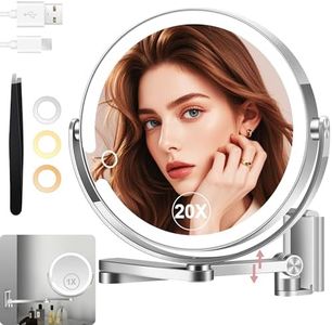 PEDOMIROR 1X/20X Rechargeable Wall Mounted Lighted Makeup Mirror, 8" Magnifying Mirror with 3 Color Dimmable Lights for Bathroom, Built in 2000mAh Battery, 360° Rotation Vanity Mirror Extendable Arm