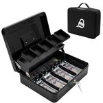 Locking Cash Box with Carry Bag, Metal Money Box with Money Tray, Durable Lock Safe Box with Key, 4 Bill 5 Coin Slots,Cantilever Design, Large Cash Boxes, Money Saving Organizer Black