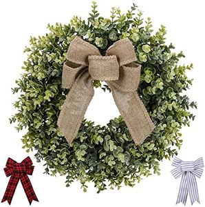 Pansu Wreaths, 19 inch Boxwood Wreaths for Front Door,Green Wreaths for windws, with 3 pcs Bows ,for Spring,Summer,Fall,Winter and Various Festivals .It Can Decorate The Interior,Doors and Corridors.