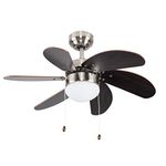 MiniSun Silver Chrome & Wood 30" Modern 6 Blade Ceiling Fan with Flush Light - Complete with a 4w LED Golfball Bulb [3000K Warm White]