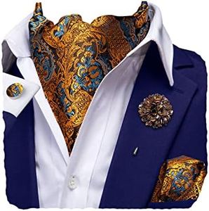 Hi-Tie Men's Cravat And Flower Lapel Pin Set Jacquard Silk Ascot Handkerchief Cufflinks For Wedding Party Daily Dress,Gold Floral