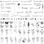 Realistic Temporary Tattoos for Women - 60 Sheets Tiny Small Removable Adult Fake Tattoos,185 Pcs Minimalist Waterproof Inspirational Quotes Words Wild Flower Floral Bouquet Adults Tattoo Stickers