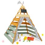 COSTWAY Kids Teepee Tent, Wooden Play Tent with Washable Flags & Door Curtains, Detachable Chalkboard, Indoor Outdoor Playhouse Tents for Boys Girls