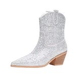 vimitty Women's Rhinestone Glitter Ankle Boots Chunky Heels Cowgirl Boots Sparkly Side Zipper Cowboy Boots Western Boots for Women, A-silver, 11