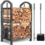 Amagabeli Firewood Rack Indoor 5 Pieces Fireplace Tools Set Fire Wood Holder with Tongs Poker Brush and Shovel Outdoor Log Rack Solid Wrought Iron Fireplace Set Kit Wood Stove Accessories Pewter