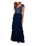 Xscape womens Long Cap Sleeve Tiered Gown With Appliques, Navy/Silver, 8