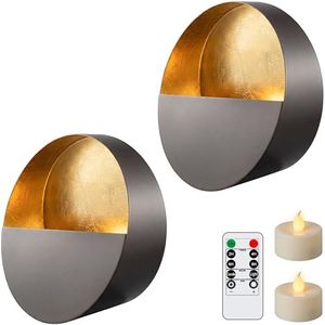6.5-inch Eclipse Wall Sconces Wireless Battery Operated Candle Holders with LED Tea Lights, Set of 2, for Living Room, Bedroom, Bathroom, Dining Room & Hallway (Dark Bronze + Gold Leaf Interior)