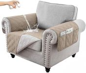 RAPRAP 100% Waterproof Armchair Cover with Side Pockets, Washable Anti-slip Chair Cover for Single Sofa Couch Recliner Armchair, Armchair Protector for Pets Children Dog Cat, Khaki,1 Seater