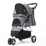 Panana Pet Stroller Dog Cat Pushchair Folding Pet Stroller Travel Cart Jogging Carrier Swivel Wheels (Grey, 3 Wheels)