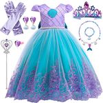 Princess Dress Up for Girls,Mermaid Costume with Crown Wand Necklace Set for Birthday Party Halloween Cosplay Christmas