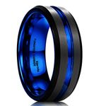 King Will DUO Mens 7mm Black Matte Finish Tungsten Carbide Ring Blue Beveled Edge Wedding Band 10.5