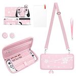 Cute Carrying Case for Nintendo Switch OLED, Portable Hard Shell Pouch Travel Storage Bag for Switch Protective Bag with Pink Sakura Skin Stickers, Screen Protector, Joystick Caps