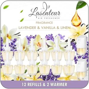 LASENTEUR Plug in Air Fresheners for Home, Plugins Refills 12 Pack with 2 Warmers, Fresh Linen,Vanilla, lavender, Compatible with Airwick