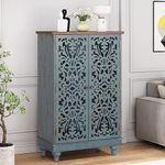 MFSTUDIO Accent Tall Wood Storage Cabinet Buffet Sideboard Hollow-Carved Floral 2 Doors Distressed Decorative for Living Room Kitchen Stand Entryway Hallway, 13.8" Dx31.5 Wx47.4 H, Blue