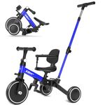 XJD 5 in 1 Toddler Tricycle with Push Handle for 1-3 Year Old Boys and Girls, Kids Push Trike with Safe Bar, Toddler Bike, Convert to Balance Bike, Birthday Gifts & Toys for Baby (Blue)