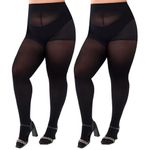 MANZI Plus Size Tights Women Opaque Tummy Control Tights 2 Pairs,Black,4XL