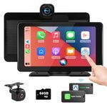 7" HD Wireless Car Stereo for Apple Carplay & Android Auto, Portable Touch Screen for Car, 2.5K Dash Cam, 1080P Backup Camera, Bluetooth, Recording, AUX/FM, Googel, Siri, Mirror Link, GPS Navigation