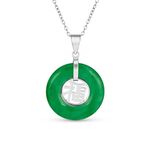 Bling Jewelry Asian Style Circle Disc Round Donut Good Fortune Fu Character Chinese Symbol Dyed Green Jade Disc Pendant Necklace for Women .925 Sterling Silver