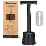 Bambaw Black Double Edge Safety Razor with Stand for Men | Reusable Metal Razor Eco Friendly DE Razor | Safety Razors Fit All Double Edge Razor | Men's Safety Shaving Razors | One Blade Metal Razor