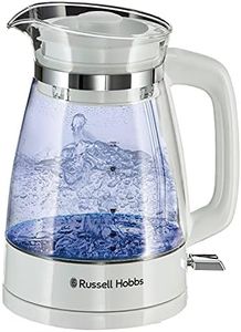 Russell Hobbs Carafe Style 1.7L Cordless Electric Glass Kettle with white handle, lid & base and blue internal illumination (Fast boil, 3KW, Anti-scale filter, Pull off lid, unique glass spout) 26081