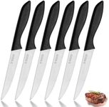 targzier Steak Knives Set of 6,Premium Stainless Steel Serrated Steak Knife Sets,Sharp Kitchen Steak Knife Set with Non-Slip Ergonomic Handle,Black Dinner Knives for Table Hotel,Dishwasher Safe