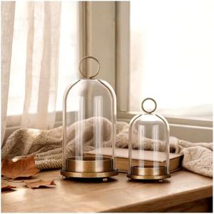 Metal Candle Holder Handmade Glass,Brass Dome Hurricane Glass Candle Holder