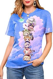 Genshin Impact T Shirt for Women, Hu Tao T Shirts with Short Sleeve for Unisex Fans,Vivid Durable Print Patterns, Light Blue, X-Large