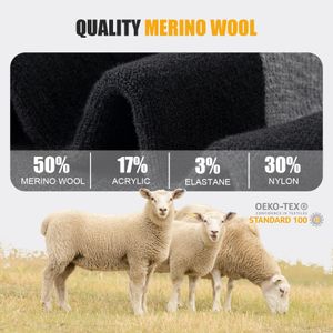 Stoeury Merino Wool Hiking Socks, Thermal Cushioned Crew, 3 Pairs Black 9-12