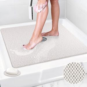 Mofonky Shower Mat Non Slip: 31x31 Inch Extra Large Square Shower Mats with Drain Hole in Middle - Soft Loofah Quick Drying Matt for Shower Stall