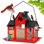 Solar Bird Feeders House for Outdoors Hanging, 7LBS Large Capacity Metal Wild Bird Feeder Squirrel Proof for Outside with Water Cup, Cardinal Birdfeeder Birdhouses Gift for Bird Lovers (Red)