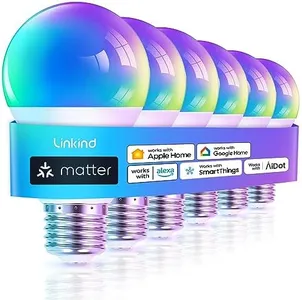 Linkind Matter Smart Light Bulb, Smart Bulbs Work with Apple Home, Siri, Alexa, Google Home, SmartThings, Color Changing Light Bulbs Music Sync RGBTW, Mood Lights, 2.4Ghz WiFi A19 E26 60W 800LM 6 Pack