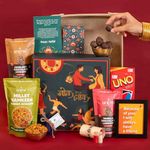 Nok Jhok -10 Item Sustainable Jute Tray, Rakhi Gift Hamper - Evil Eye Rakhi, Hazelnut-Chocolate Laddoos, Photo Frame, Healthy Millet Mixture & More in Story Box | Rakhi for Brother with Gift Combo Set