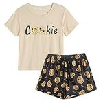 MyFav Women's Pyjama Sets Round Neck Short Sleeve Soft Sleepwear Cute 2 Piece Pjs Set Summer Lounge Set,Cookie,S