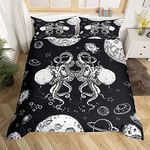 Octopus Duvet Cover Outer Space Bedding Set Ocean Kraken Comforter Cover for Boys Girls Kids Teens Black White Universe Planet Rocket Underwater Animal Bedspread Cover Double Size