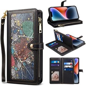 YocoverTech for iPhone 13 Pro Max Case,for iPhone 13 Pro Max Wallet Case,Colourful PU Leather Stand Flip Cover with Wrist Strap[RFID Blocking][10 Card Slots+Cash Bag]-Black