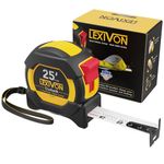 LEXIVON 25Ft/7.5m DuaLock Tape Measure | 1-Inch Wide Blade with Nylon Coating, Matte Finish White & Yellow Dual Sided Rule Print | Ft/Inch/Fractions/Metric (LX-206)