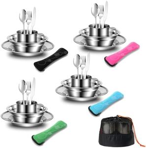 Odoland 25pcs Stainless Steel Utensils Camping Tableware Kit with Plates Cups Forks Spoons and Knives for 4, Cutlery Flatware Set for Backpacking, Outdoor Camping Hiking and Picnic