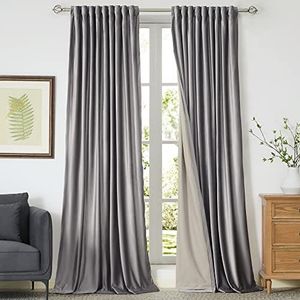 PRIMROSE 100% Full Blackout Silver Grey Velvet Curtains 96 inch Long for Living Room,Set of 2 Panels Liner Rod Pocket Back Tab Thermal Window Room Darkening Heavy Decorative Drapes Bedroom