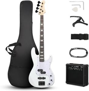 Ktaxon 4 String Electric Bass Guitar, PB-Style Full Size Standard Right Handed Beginner Kit with 20W AMP, Gig Bag, Strap, Upgrade Cable, Guitar Capo for Youths & Adults (White)