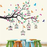 StickMe 'Nature Tree - Colorful - Birds - Cage - Wall Sticker ' -SM584 (Multi Colour, Vinyl - 130cm X 110 cm), Self-Adhesive