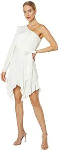 BCBGMAXAZRIA Women's Short Evening Fit and Flare One Long Bishop Sleeve Asymmetrical Hem Tie Front Dresses, Gardenia, 12