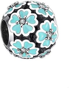 Round Flower Charm for Bracelet or Necklace for Women by Ginger Lyne | European Style Bead Cubic Zirconia Blue Enamel Over Sterling Silver Gifts for Her