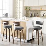 Bekrvio Swivel Counter Height Bar Stools Set of 3, 26" Faux Leather Kitchen Stools Upholstered Barstools with Back and Walnut Wood Legs, Mid Century Island Chairs Counter Stools, Grey