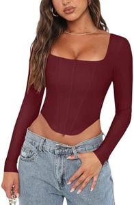 REORIA Womens Sexy Casual Square Neck Long Sleeve Backless Shirts Y2K Trendy Going Out Party Club Night Boned Bustier Corset Crop Tops Burgundy Small