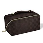 Aucuu Large Capacity Travel Cosmetic Bag for Women Girls, PU Leather Waterproof Layered Storage Makeup Bag, with Handle Portable Travel Organizer （Checkered Dark Brown）