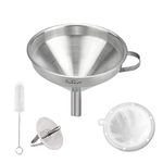 DURANTEY Stainless Steel Funnels Kitchen Funnel with Handle & Detachable Strainer & 300 Mesh Filter & Nylon Brush Strainer Funnel Set Funnel Filter Set for Filter Liquid, Oils,Powder,Jam(13cm/5.1in)