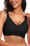 Vertvie Seamless Bras for Women Non Wired Wireless Push Up Bra Soft Support Scalloped Comfort Full Coverage Padded Bralettes Sleep Everyday T Shirt Bra, Black, M