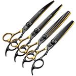 Fenice Peak 7'' Black and Gold Two-color Dog Grooming Scissors Set Straight Thinning Curved and Chunker Shears 4PCS Set with Pattern Screw and Ergonomic Offest Handle 440C Sharp and Durable