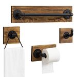 MyGift 4-Piece Bathroom Hardware Set with Burnt Wood and Industrial Matte Black Metal Pipe Includes Toilet Paper Holder, Towel Ring, Towel Bar and and Robe Hook