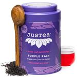 JusTea PURPLE RAIN | Loose Leaf Purple Tea | Tin with Hand Carved Tea Spoon | 40+ Cups (80g) | Very Low Caffeine | Award-Winning | Fair Trade | Non-GMO